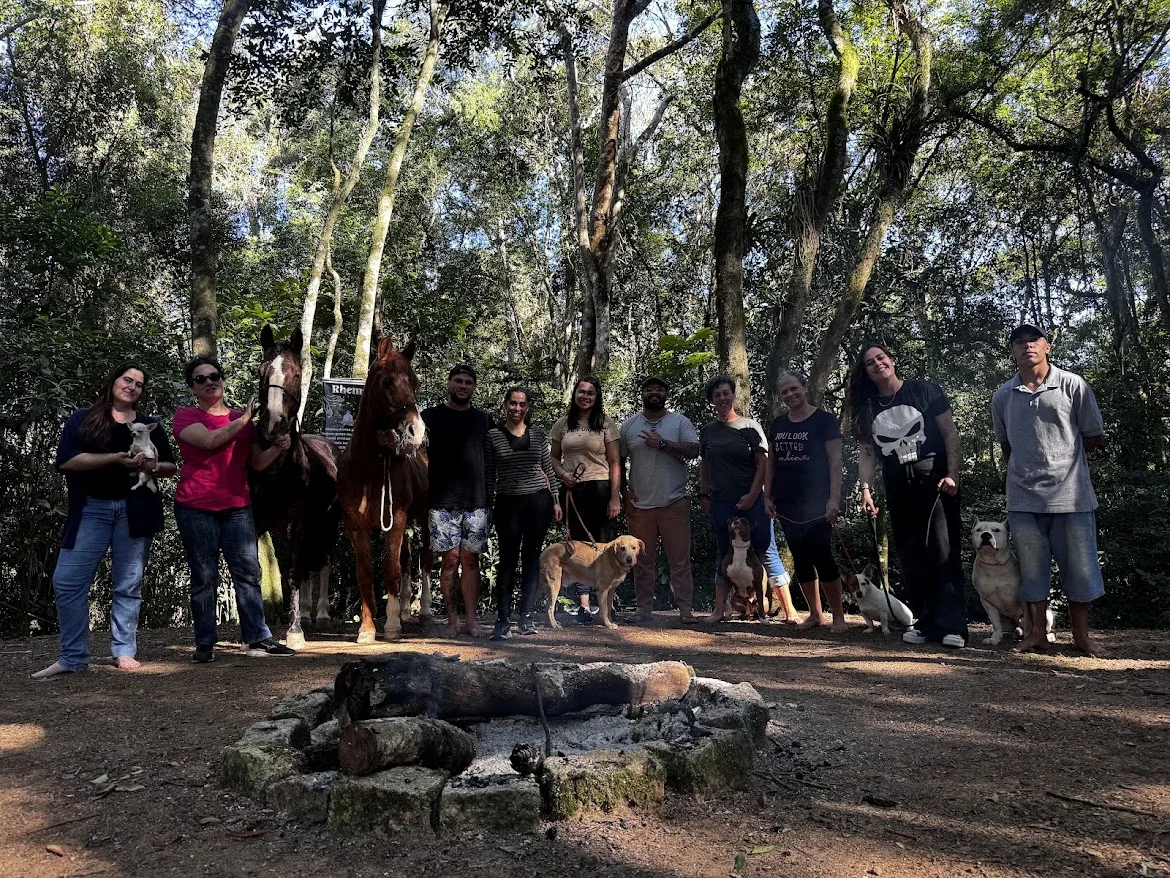 Grupo reunido com cães e cavalos em um ambiente ao ar livre